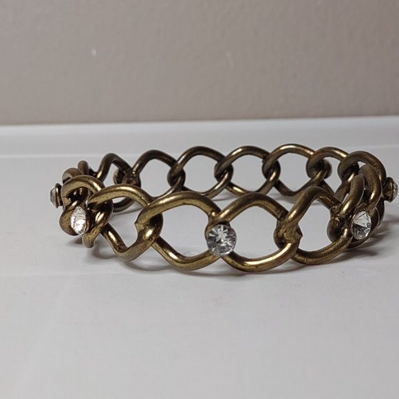 Vintage Gold Tone Metal And Clear Rhinestone Bangle - Picture 2 of 12